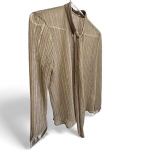 Metallic Pleated Tie-Neck Scarf Button Down Shirt in Champagne Size Small